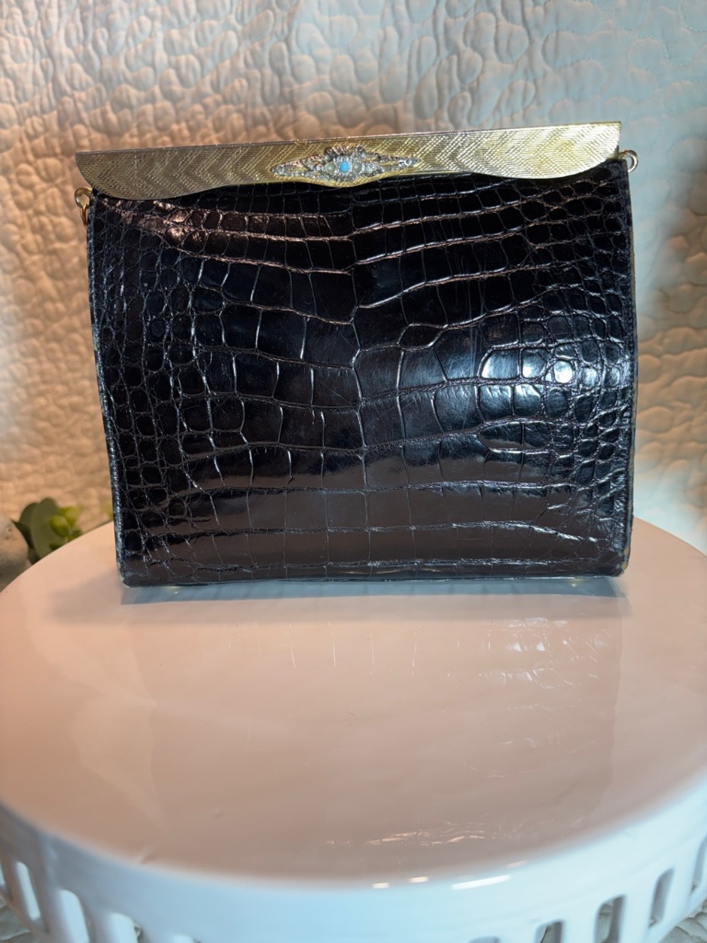 Rosenfeld Vintage Black Alligator Leather Clutch with Gold Frame